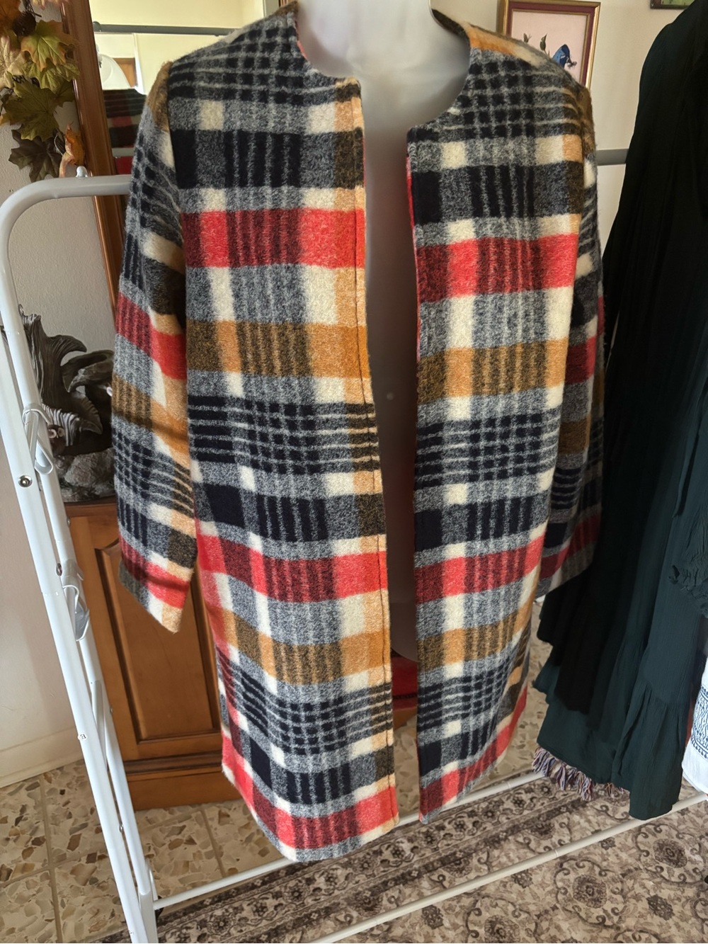 Cynthia Rowley Plaid Open-Front Coat in Red, Black & Tan